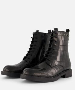 Linea Zeta Croco Veterboots zwart Leer