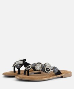 Lazamani Slippers Beads zwart Leer